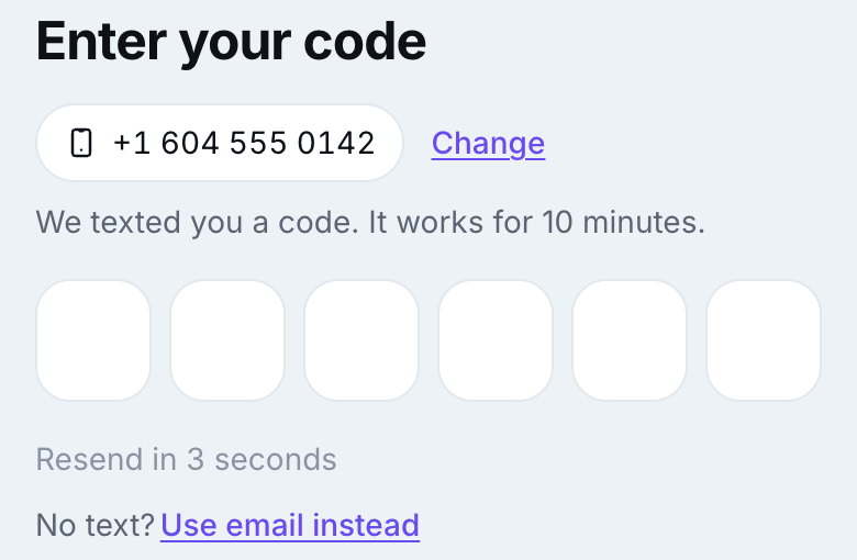 Enter your code: six boxes for the code, a resend timer, and a Use email instead link.