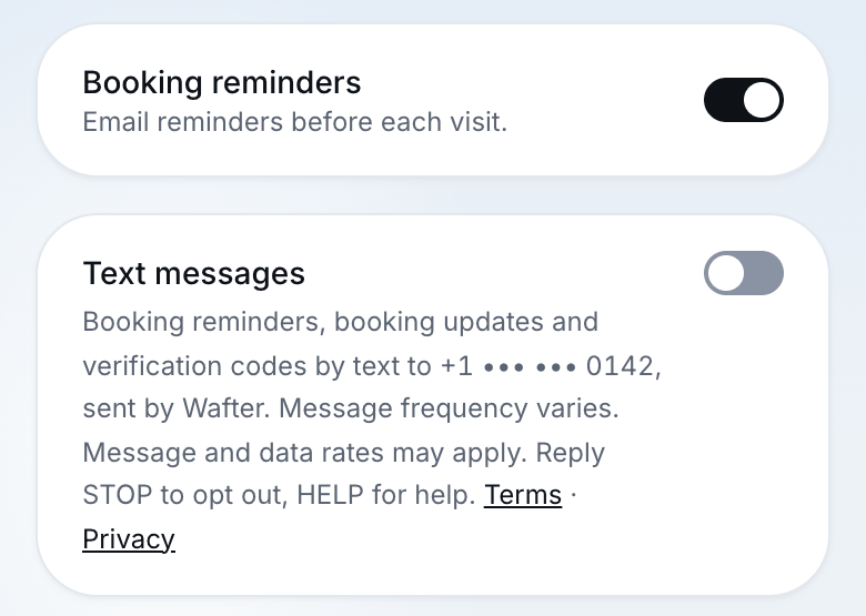 My bookings: an email reminders switch, and a Text messages switch that is off, with the text-message disclosure under it.